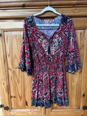 Flying Tomato Red Paisley Print Smocked Waist Bell Sleeve Boho Mini Dress